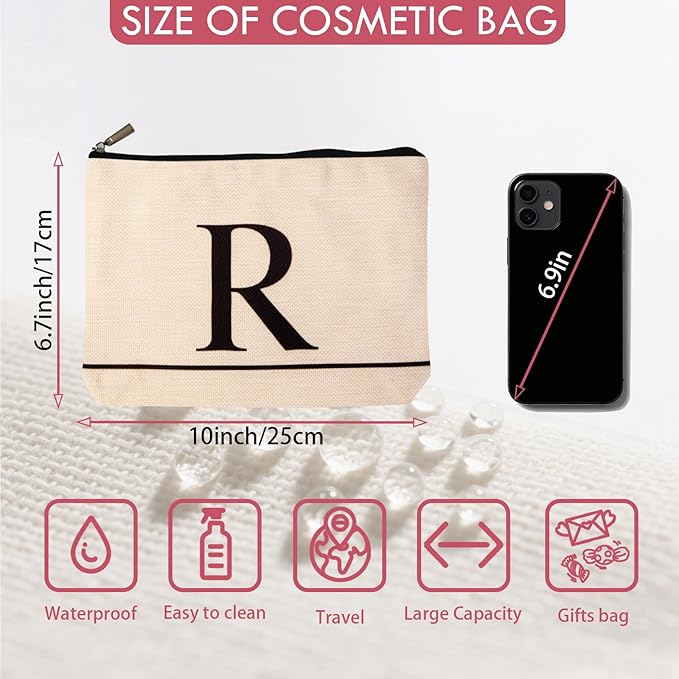 Letter A-Z Initial Personalized Makeup Bags, Birthday Gifts for Women, Monogrammed Gifts for Women Mom Sister Best Friend Bride Bridesmaid, Mothers Day, Christmas, Small Travel Cosmetic Bag (R)