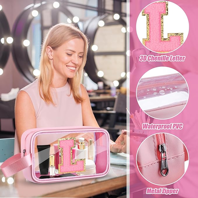 Initial Makeup Bag,Letter L Cute Clear Monogrammed Cosmetic Travel Bag for Womens Girls,Personalized Pink Aesthetic Traveling Make Up Organizer Bag for Beach,Waterproof Toiletry Bag