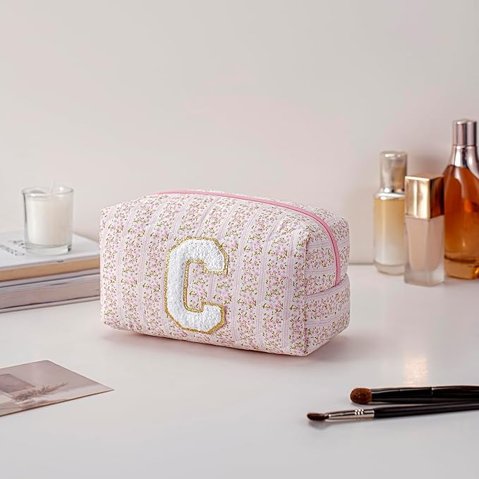 JOVAKIT Makeup Bag Cosmetic Bags for Women, Christmas Gifts for Girls Age 6-18, Alphabet Pink Floral Coquette Zipper Travel Makeup Pouch, Organizer Case Trendy Stuff (Pink Floral C)