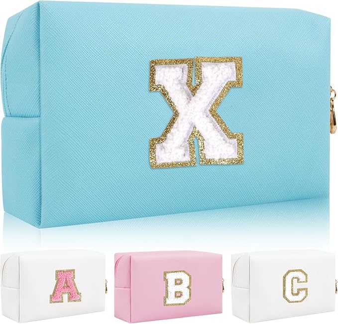 Personalized Initial Letter Patch Makeup Bag, Preppy Portable Chenille Cosmetic Bag with Zipper, PU Leather Waterproof Travel Toiletry Bag Monogram Make Up Pouch for Women Girls
