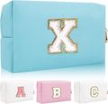 Personalized Initial Letter Patch Makeup Bag, Preppy Portable Chenille Cosmetic Bag with Zipper, PU Leather Waterproof Travel Toiletry Bag Monogram Make Up Pouch for Women Girls