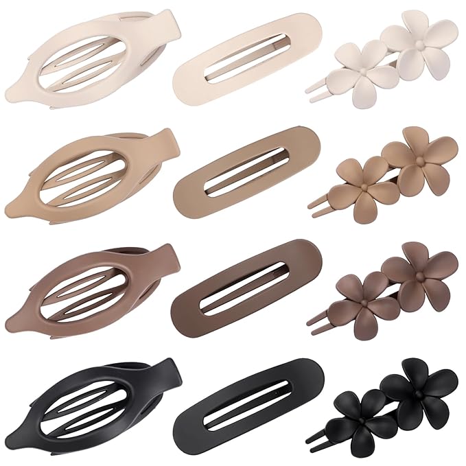 12 PCS Flat Hair Clips - 3 Styles Matte Flat Claw Clips Set Duckbill Barrettes for Women, No-Slip Strong Hold for Thin and Thick Hair, Hair Accessories for Girls Gift (Brown)