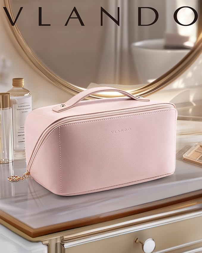 Vlando Makeup Bag,Large Capacity Toiletry Bag for Women Waterproof Portable Make up Pouch PU Leather Open Flat Cosmetic Bag(Peach Pink)