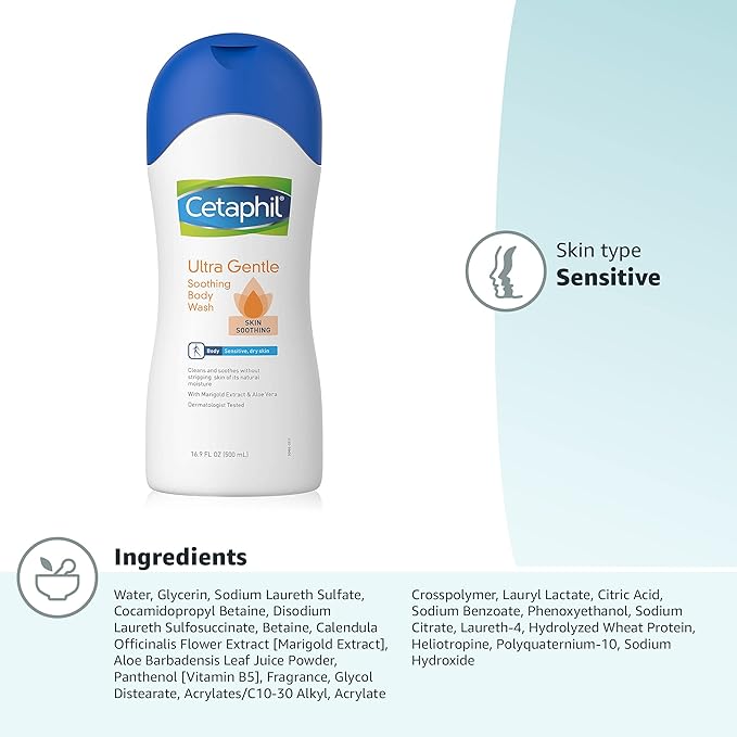 Cetaphil Ultra Gentle Refreshing Body Wash, For Dry to Normal, Sensitive Skin, 16.9oz, with Aloe Vera, Calendula, Vitamin B5, Hypoallergenic, Fragrance Free, Dermatologist Tested (Pack of 2)
