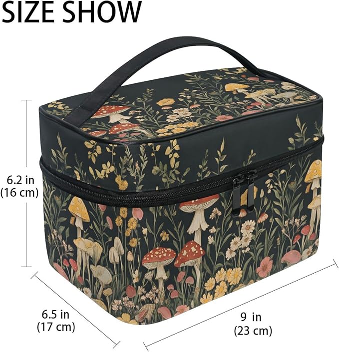 MNSRUU Makeup Bags, Vintage Wildflower Mushrooms Makeup Organizer Bags Toiletry Bag Box Travel Cosmetic Bag Make Up Train Case for Women Teen Girl Ladies