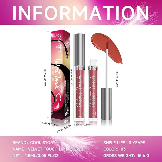 COOL STORY Velvet Lip Stain Mousse, Lip Tint Long-Lasting Waterproof Matte Finish (03)