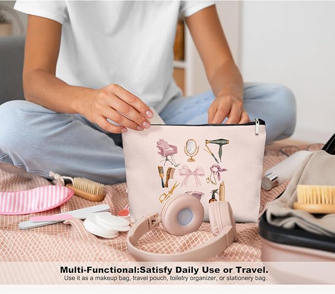 Pink Hairstylist Makeup Bag for Women, Cute Cosmetology Student Gifts,Hairdresser Travel Organizer Bag, Aesthetic Salon Accessory Pouch, Gifts for Teen Girls 7.5 x 10 in