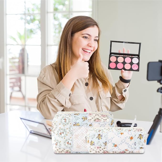 2Pcs Cotton Quilted Makeup Bag for Women Girls Coquette Small Floral Cosmetic Bags Cute Zipper Pencil Pouch Aesthetic Makeup Pouch Trendy Cloth Bee&Flower Travel Toiletry Skincare Bag