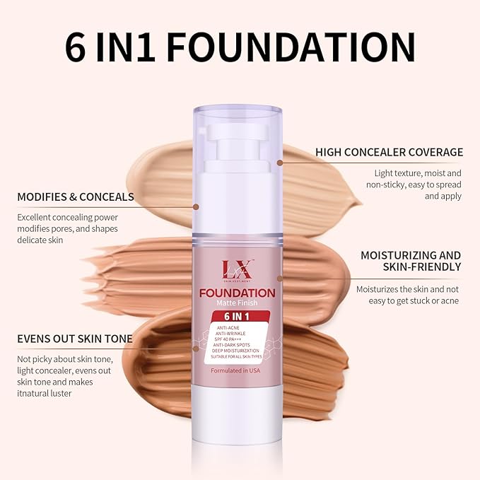 6-in-1 Makeup Infused with 1% Hyaluronic Acid- Matte + Poreless Liquid Foundation For A Glowing & Soft-Focus Look, Suitable for All Skin Types (301 Medium, Moisturizing Foundation)