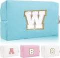 Personalized Initial Letter Patch Makeup Bag, Preppy Portable Chenille Cosmetic Bag with Zipper, PU Leather Waterproof Travel Toiletry Bag Monogram Make Up Pouch for Women Girls