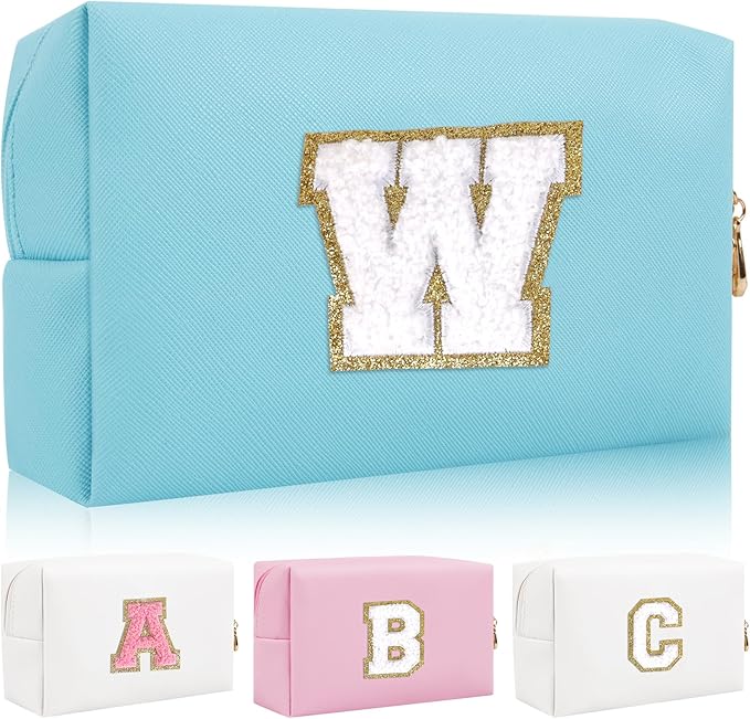 Personalized Initial Letter Patch Makeup Bag, Preppy Portable Chenille Cosmetic Bag with Zipper, PU Leather Waterproof Travel Toiletry Bag Monogram Make Up Pouch for Women Girls