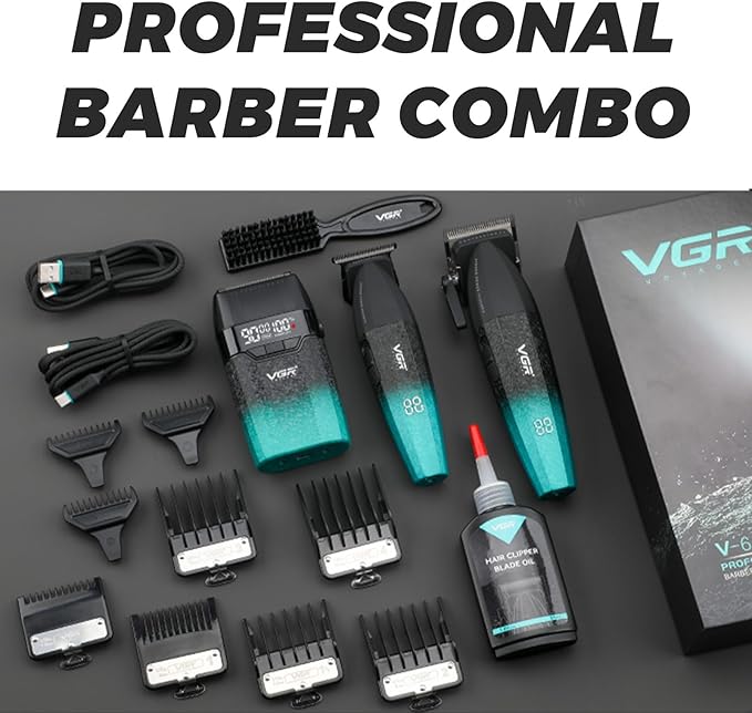 VGR 640S3 Professional 3 in 1 Hair Cutting Kit, 9000RPM Hair Clippers for Men Professional Hair Trimmer & Foil Shavers Set, Cordless Mens Barber Combo for Home, for Him(Green)