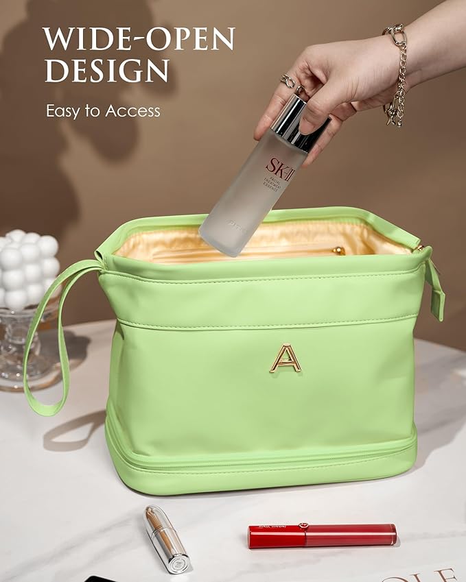Maid Of Honor Gifts, Initial Large Makeup Bag, Bride To Be Gifts, Double Layer Cosmetic Bag, Waterproof PU Travel Toiletry Bag for Bachelorette Party Women Wedding Bridal, Bride Gifts