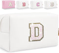 Small Personalized Glitter Initial Letter Makeup Bag, Cute PU Leather Chenille Letters Cosmetic Bag Travel Makeup Pouch, Preppy Travel Organizer Zipper Pouch for Women&Girls（White-D）
