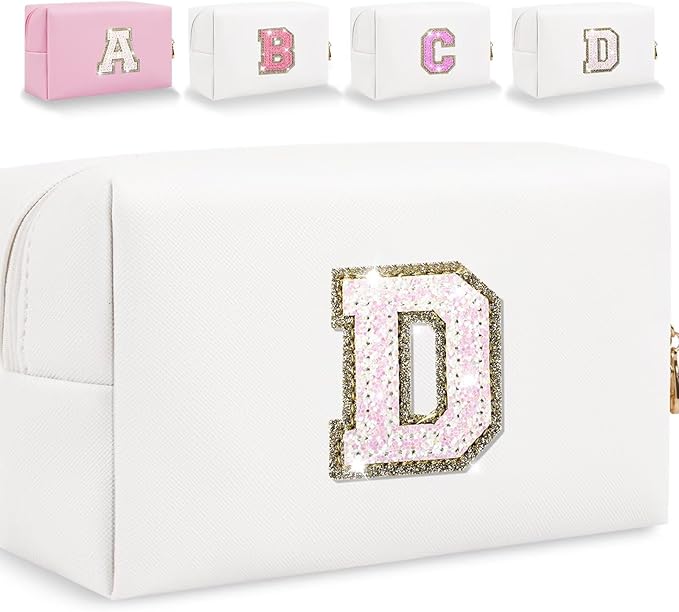 Small Personalized Glitter Initial Letter Makeup Bag, Cute PU Leather Chenille Letters Cosmetic Bag Travel Makeup Pouch, Preppy Travel Organizer Zipper Pouch for Women&Girls（White-D）