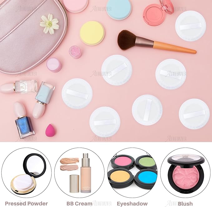 AUEAR, 10 Pack Powder Puffs Washable Pure Cotton Round Makeup Pads 2.36 Inch Cosmetic Face with Ribbon for Loose Foundation (White)