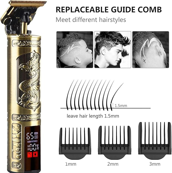 Hair Clippers for Mens Cordless Hair Trimmer T-Blade Trimmer Professional Haircut & Grooming Kit Rechargeable Edgers Clippers Hair Trimmer Shaver Cutting Kit with LCD Display (Led-Dragon)