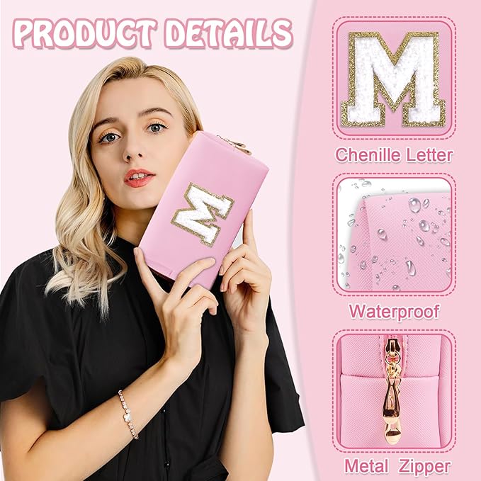Small Travel Initial Preppy Makeup Bag, Personalized Pink Cute Cosmetic Organizer Chenille Letter Travel Toiltery Zipper Pouch, Waterproof PU Leather Make Up Case Mothers Day Gifts for Mom(Letter M)