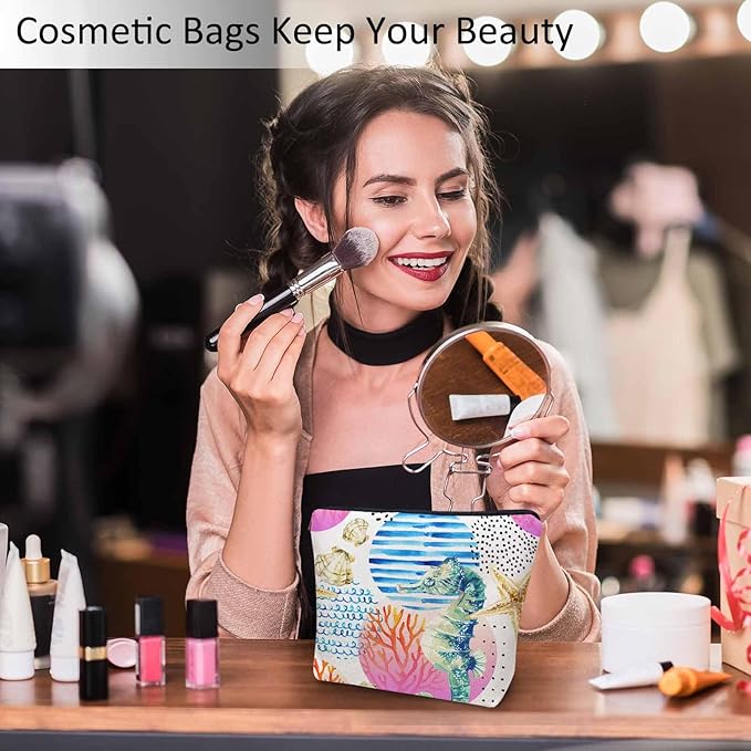 Makeup Bag Seahorse Makeup Bags For Purse Pouch, Sea Animal Coral Reef Seashell Seahorses Travel Toiletry Bag Cosmetic Bag Makeup Bags Flax Makeup Organizer Bag Pencil Pouch For Man Woman