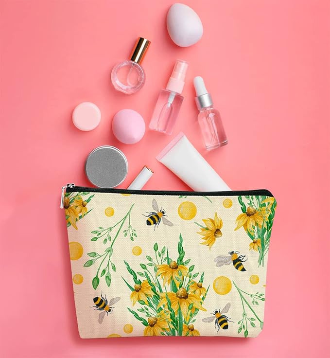 Bee Summer Cottagecore Yellow Flowers Daisy Makeup Bag Cosmetic Bag Zipper Travel Toiletry Bag, Best Gift Idea for Teen Girls Women,Birthday Christmas Gifts for Girls Women Daughter Sister