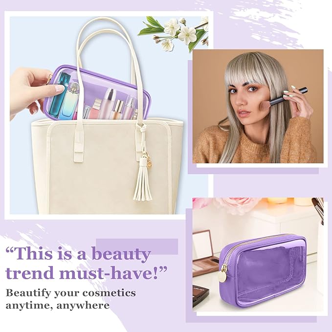 Small Clear Travel Makeup Organizer Bag for Purse, Cute Makeup Bag Preppy Cosmetic Zipper Pouch Purse, Transparent PVC & Nylon Waterproof Make Up Brush Bag Toiletry Storage for Women Girls(Purple)