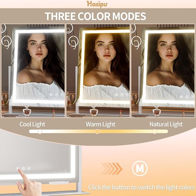 Hasipu Vanity Mirror with Lights, 39.4" x 28.3" LED Makeup Mirror, Light up Mirror with 10X Magnification and Phone Holder, USB Charging Port, Smart Touch 3 Colors Dimmable (White)