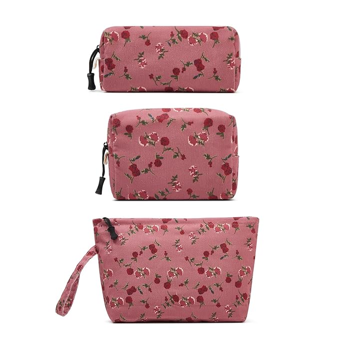 Makeup bag set small Cosmetic bag for women purse Corduroy Organizer with interior Pockets,cute Pencil zipper Pouch travel Toiletry Bag with handle(Rose Red)