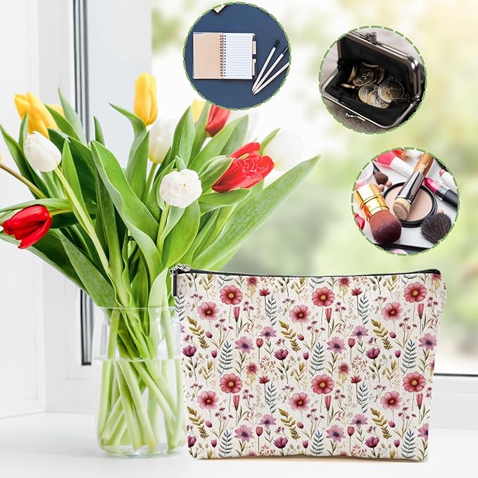 4 Packs Watercolor Pink Yellow Flowers Makeup Bag Floral Cosmetic Bag Friend Friendship Gifts for Women Girls Sister Boss Botanical Travel Organizer Zipper Pouch Christmas Thanksgiving Birthday Gifts