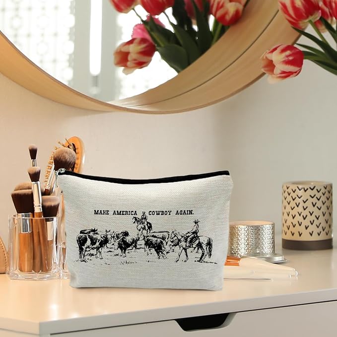 Western Makeup Bag, Western Gifts for Women, Cowgirl Gifts, Country Girl Gifts, Make America Cowboy Again Vintage Cosmetic Bags Toiletry Bag for Women
