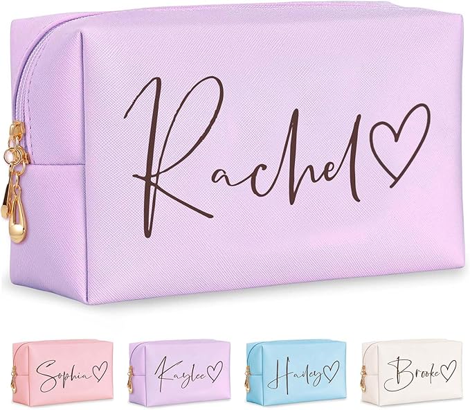 Personalized Makeup Bag with Name & Birth Flower, Custom Leather Cosmetic Bags for Women, Customized Travel Toiletry Bag Gifts for Bridesmaid Wedding