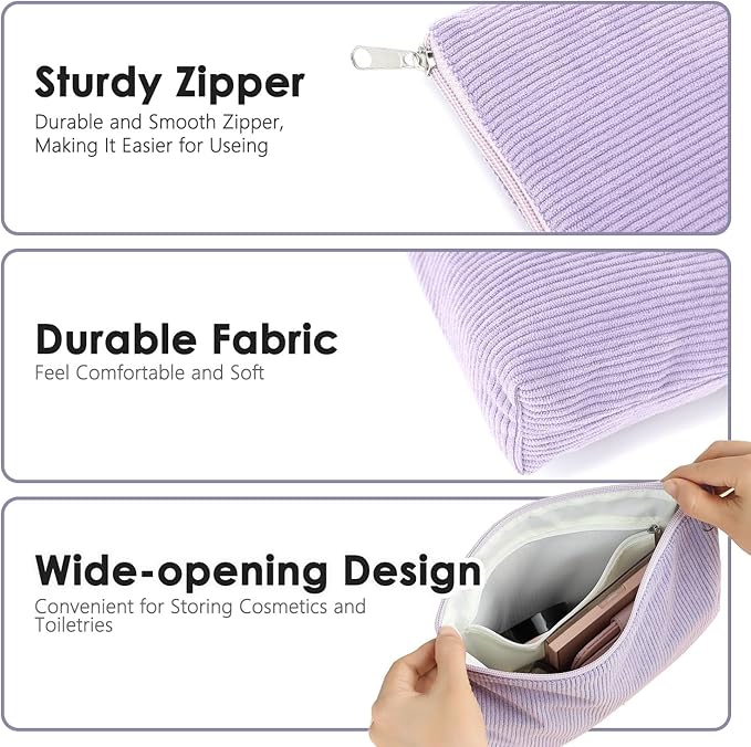 Corduroy Makeup Bag, Travel Cosmetic Bag Organizer Toiletry Bag Make Up Bags with Zipper & Compartments for Women Girls, 2PCS