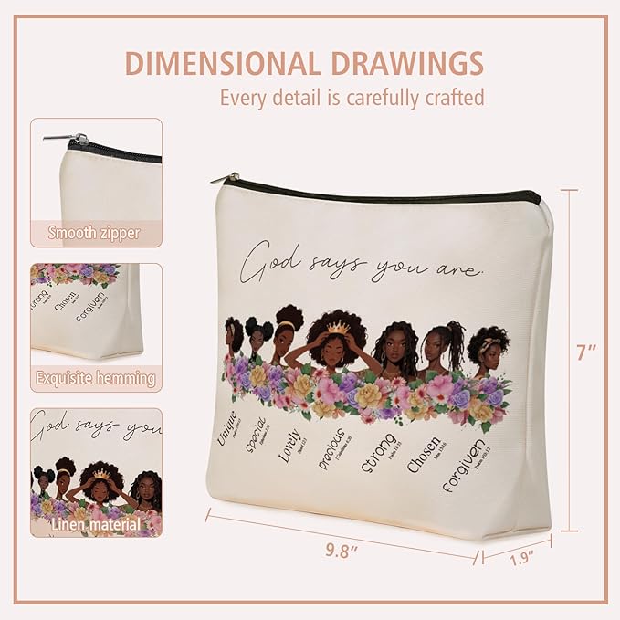 Inspirational Christian Makeup Bag Gifts: God Says You Are Themed Cosmetic & Toiletry Organizer Pouch For African American Black Teen Girls & Women.Ideal Gift For Travel, Birthdays, & Christmas.