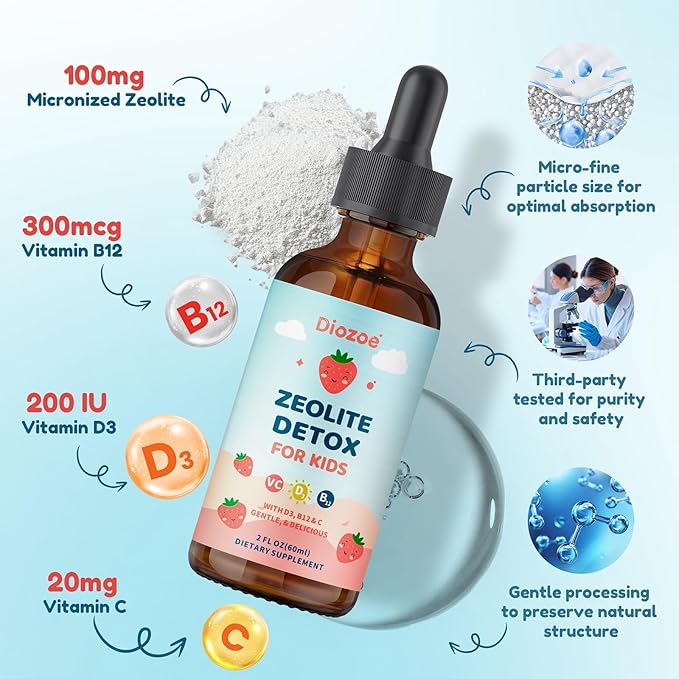 Zeolite Detox for Kids, Gentle Wellness Support, Zeolite with Methyl B12, Vitamin D3 and C, Natural Zeolite Drops for Gut and Focus Support, Natural Flavor, 2oz