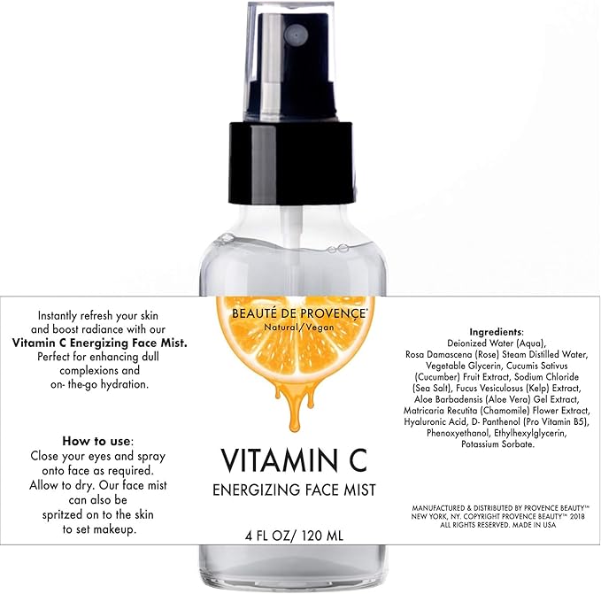 BEAUTE DE PROVENCE Vitamin-C Face Mist & Setting Spray for All Skin Types - Hyaluronic Acid, Aloe Vera & Rose Water - Skin Brightening, Anti-Aging, Moisturizing, Pore Minimizing - 4 Fl Oz