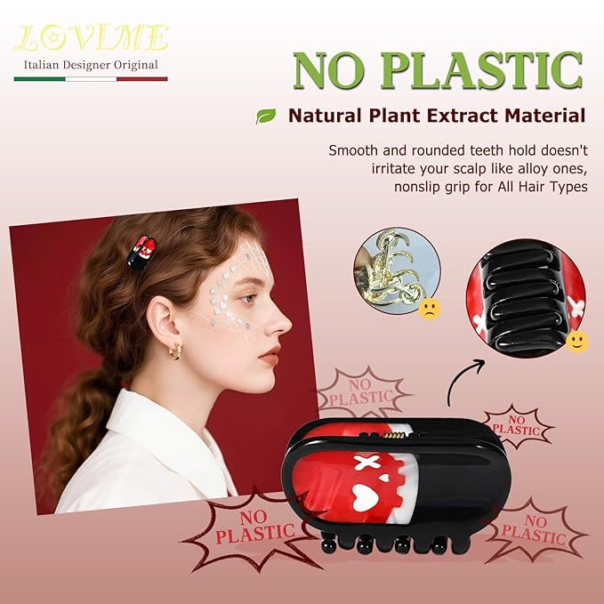 Italian Designer Original Mini Halloween Hair Claw Clips for Women - Gothic Hair Accessories-Pill, Nonslip Plant-Based Acetate, Gift Box, Daily/Party