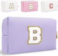 Small Personalized Letter Makeup Bag, Cute PU Leather Chenille Letters Cosmetic Bag Travel Makeup Pouch, Preppy Travel Organizer Zipper Pouch for Women&Girls（Purple-B）