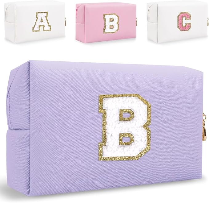 Small Personalized Letter Makeup Bag, Cute PU Leather Chenille Letters Cosmetic Bag Travel Makeup Pouch, Preppy Travel Organizer Zipper Pouch for Women&Girls（Purple-B）