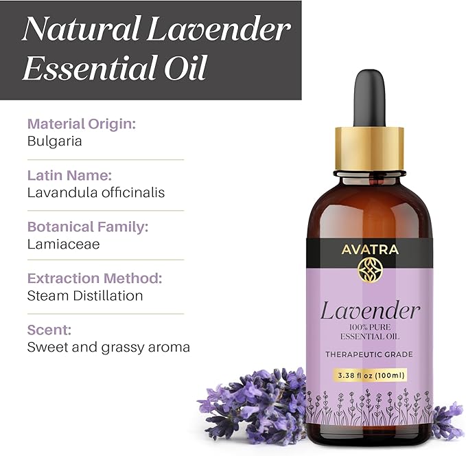 Avatra Lavender Essential Oil 100ML (3.38 OZ) with Glass Dropper and Travel Bottle, Pure and Natural Therapeutic Grade Lavender Oil for Diffuser, Aromatherapy, Massage, and DIY Candle Products
