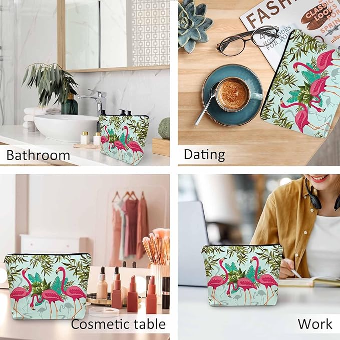 Women Makeup Organizer Bag Flamingo Exotic Flamingo Tropical Palms Flax Cosmetic Bag Makeup Bags Toiletry Bag Accessories Organizer Travel Bags For Home Bathroom Office Hotel Gym Pink Green