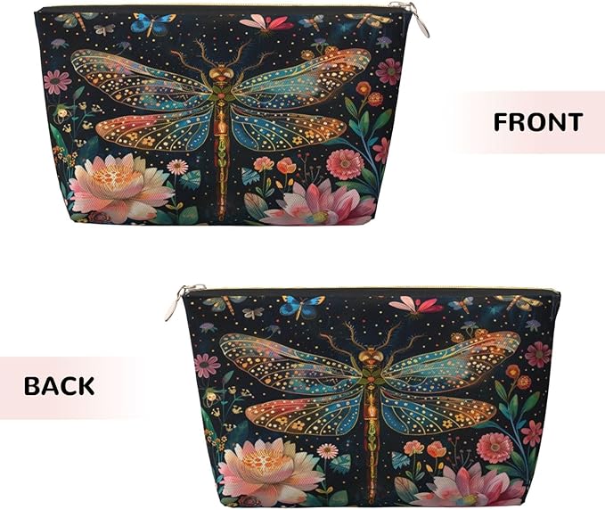 Womens Leather Makeup Bag Cosmetic Bag Travel Toiletry Bags Make Up Bags for Women Adult (Floral Dragonfly)