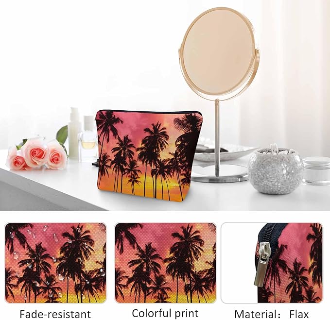 Tropical Beach Makeup Bags Makeup Organizer, Hawaii Ocean Beach Palm Trees Sunset Flax Toiletry Bags Travel Cosmetic Bag Makeup Purse Pouch Skincare Bag Wallet Bags For Women Female Mom
