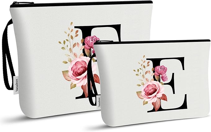 Vavabox A-Z Personalized Makeup Bag, Birthday Gifts for Women Mom, Gifts for Best Friend, Bride Bridesmaid Cosmetic bag (E, 03-White Set)
