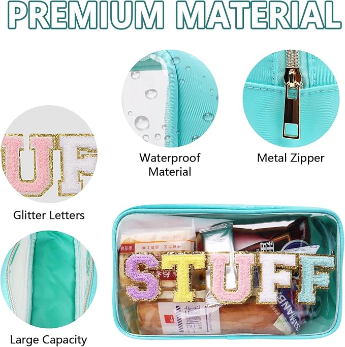 Iqimott Clear Patch Makeup Bag Stuff Pouch, Preppy Personalized Chenille Letter Cosmetic Pouch for Travel, Nylon Waterproof Organizer Travel Essentials Zipper Toiletry Bags for Women Girls(Green)