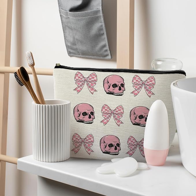Goth Gothic Makeup Bag With Pink Bow - Skull Cosmetic Bag for Women, Girly, Cute Gothic Accessory for Skull Lovers