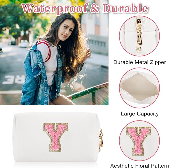 Personalized Initial Letter Patch Makeup Bag, Preppy Portable Chenille Letter Cosmetic Bag with Zipper, PU Leather Waterproof Travel Toiletry Bag Monogram Make Up Pouch for Women Girls(Letter Y)