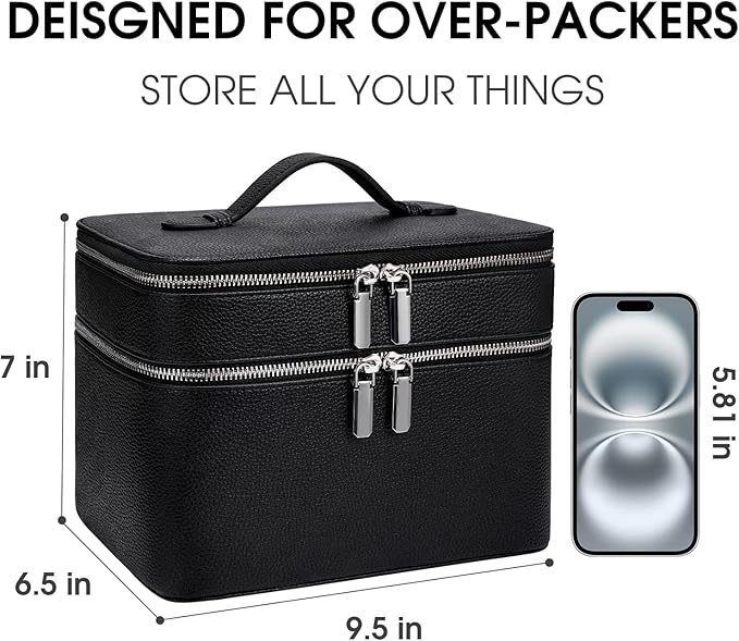 Makeup Case, Large Capacity Waterproof Double Layer Cosmetic Bag with Removable Divider, Double Compartment Brush Organizer, Multi-functional Travel Organizer