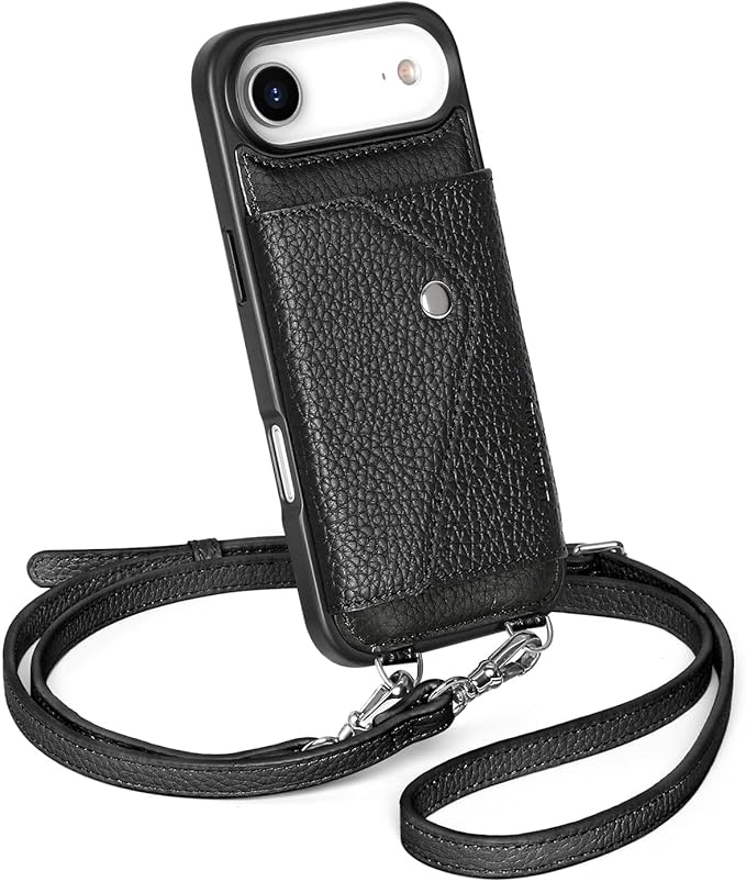 LUCKYCOIN Crossbody Wallet Phone Case for iPhone Air,100% Genuine Leather Wallet Phone Case with Expandable Flip Card Holder,Phone Purse for Women with Adjustable Removable Strap - Pebble Black