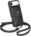 LUCKYCOIN Crossbody Wallet Phone Case for iPhone Air,100% Genuine Leather Wallet Phone Case with Expandable Flip Card Holder,Phone Purse for Women with Adjustable Removable Strap - Pebble Black