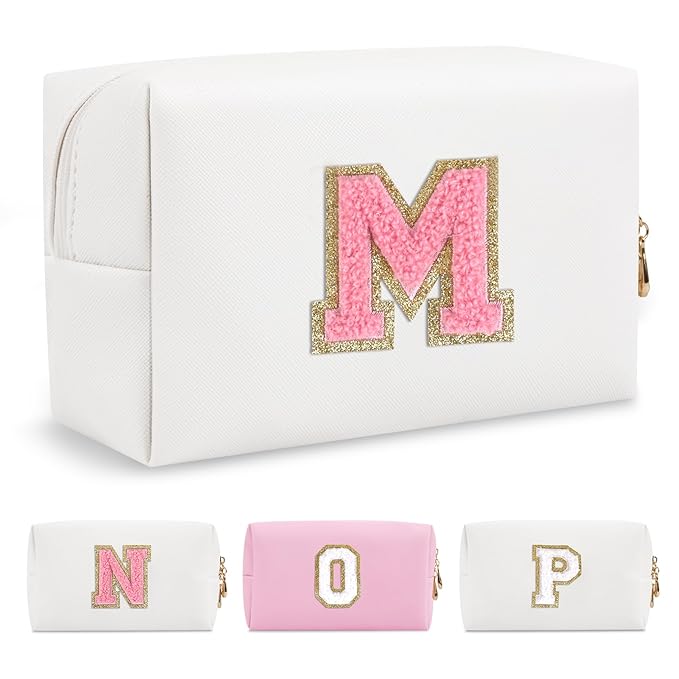 Personalized Makeup Bag Initial A-Z Preppy Patch Bag,Small PU Leather Travel Cosmetic Bag Pouch with Zipper,White Cute Toiletry Bag,Gift Ideal for Teen Girls Women Birthday Friend Mom,Letter M