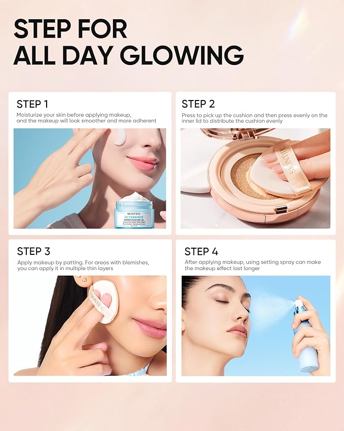 Full Coverage Cushion Foundation, Weightless, Skin Fit, Satin Glow Finish, Oil-Control Waterproof Foundation, Sweatproof Flawless BB Cream CC Korean Makeup,Tattoo Cover Up, Buildable(#22N Shell Beige)